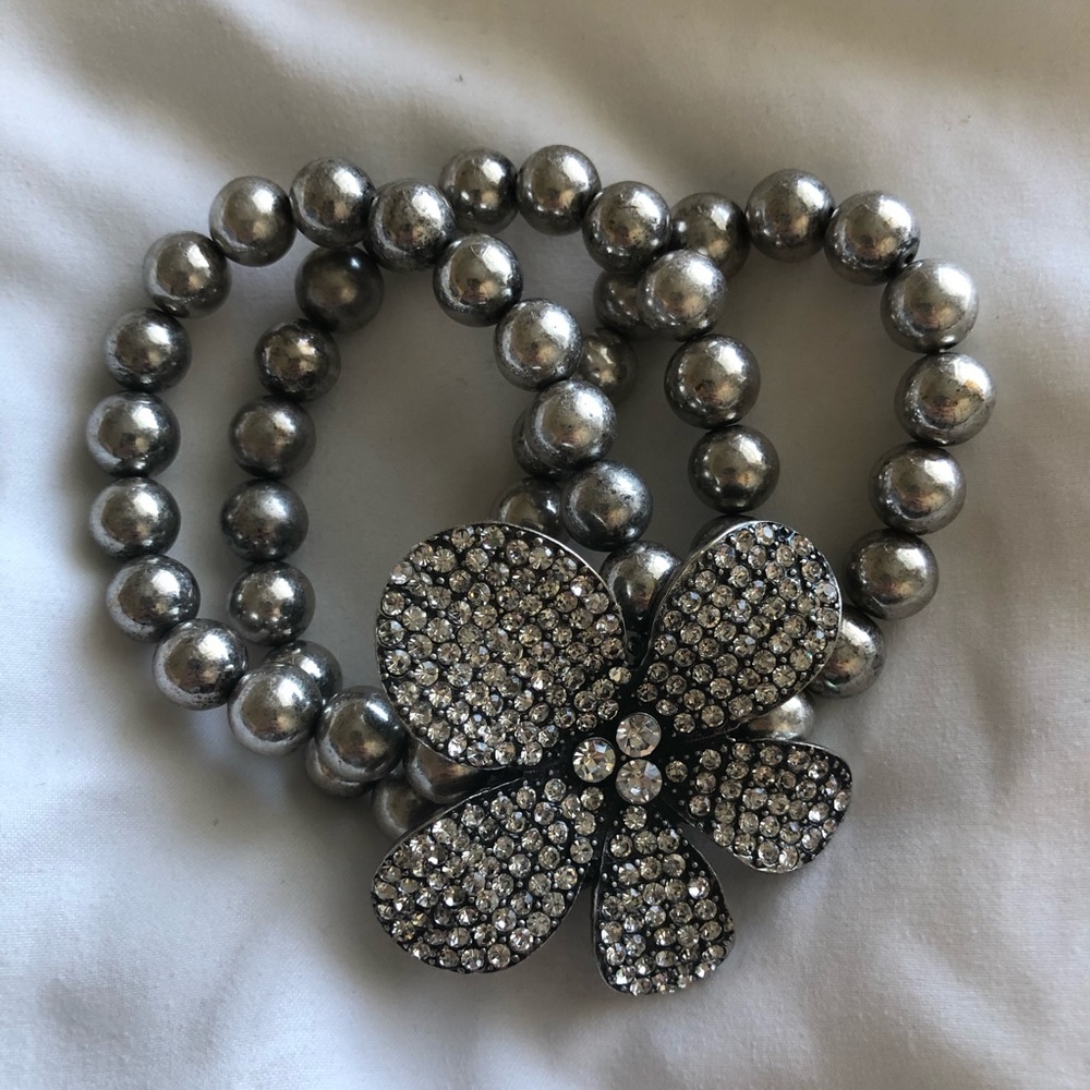 Silver Crystal Flower Beaded Bracelet